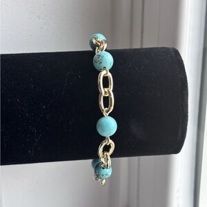 Gold Plated Thick Link Chain Bracelet with Genuine Turquoise Beads, Modern Gift